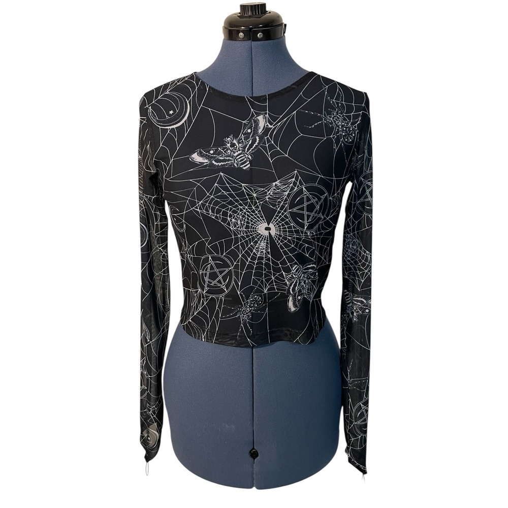 ASOS Womens Black Mesh Sheer Spiderweb Pentagram Long Sleeve Crop Top Goth Y2K S